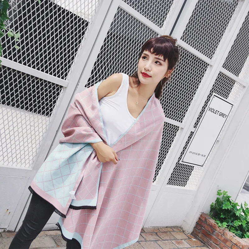 Saufuo winter geometric plaid Scarf Shawl For Women echarpes foulards femme pink green 2colors | Аксессуары для одежды