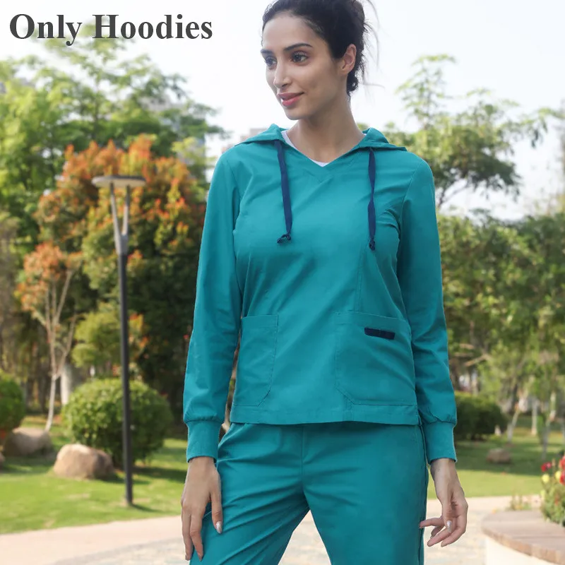 Blue Green Medical Hoodies Nurse Top Uniform Warm Up Hospital Hoodies Sport 3 Colors Long Sleeve Doctor Tops Knitted Cuffs Infinity Tops - Цвет: Blue Green