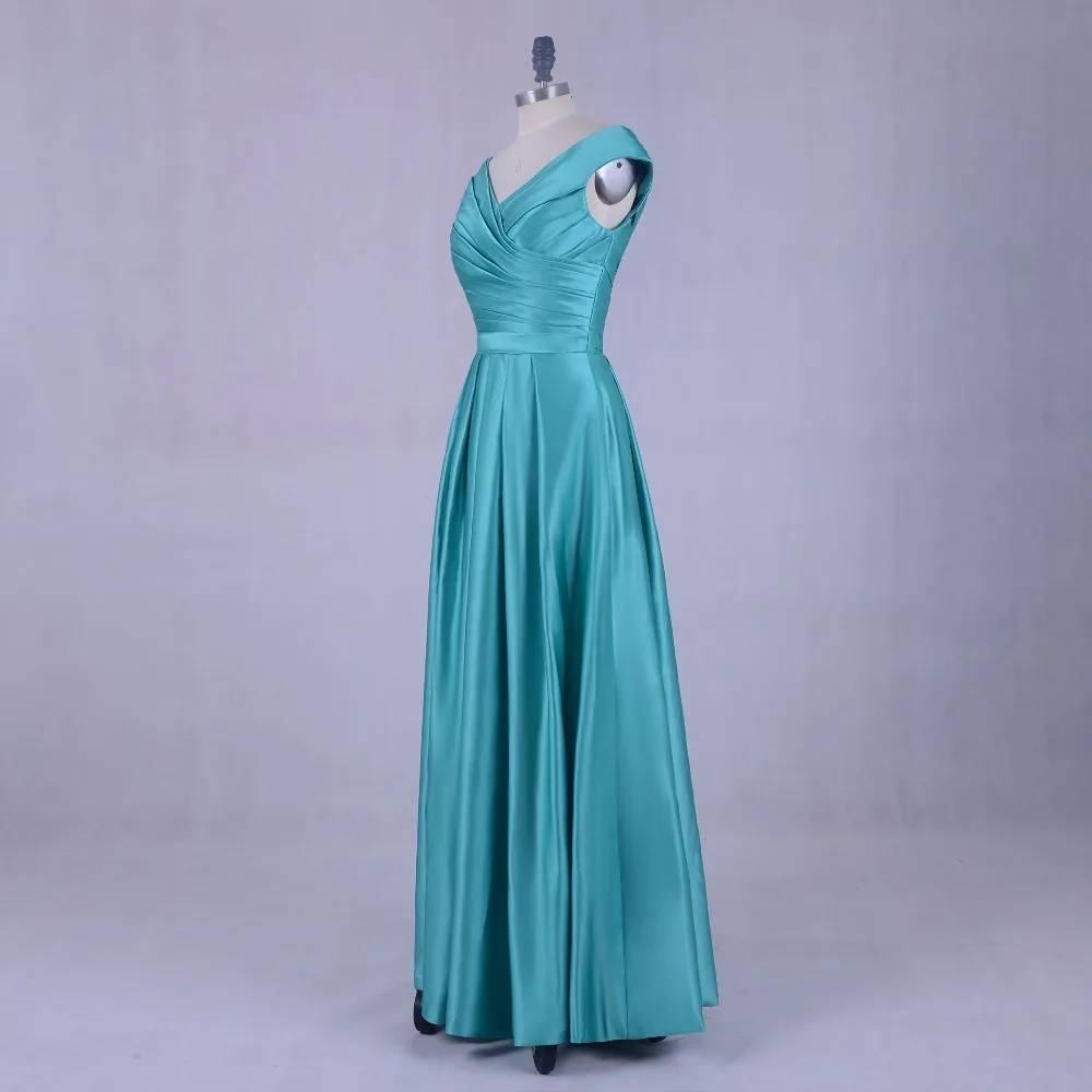 Turquoise Long Evening Party Dress 2018 Robe De Soiree V Neck Elegant Women Formal Prom Dresses Floor Length Satin Cap Sleeves | Свадьбы и