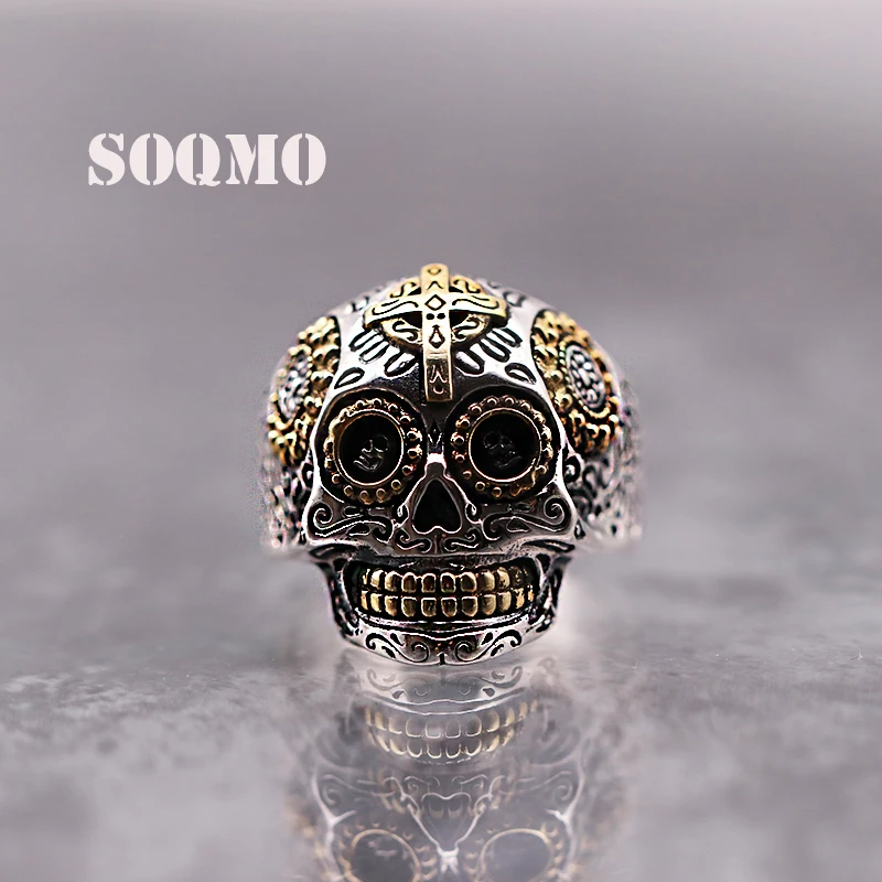 SOQMO роскошные твердые 925 пробы серебряный череп кольцо для мужчин винтаж панк рок крест золото большой тяжелый мужчин s готический кольца SQM107