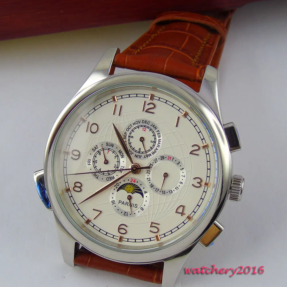Мужские часы parnis с белым циферблатом и золотым покрытием 44 мм|watch men|watch men watchwatch watch