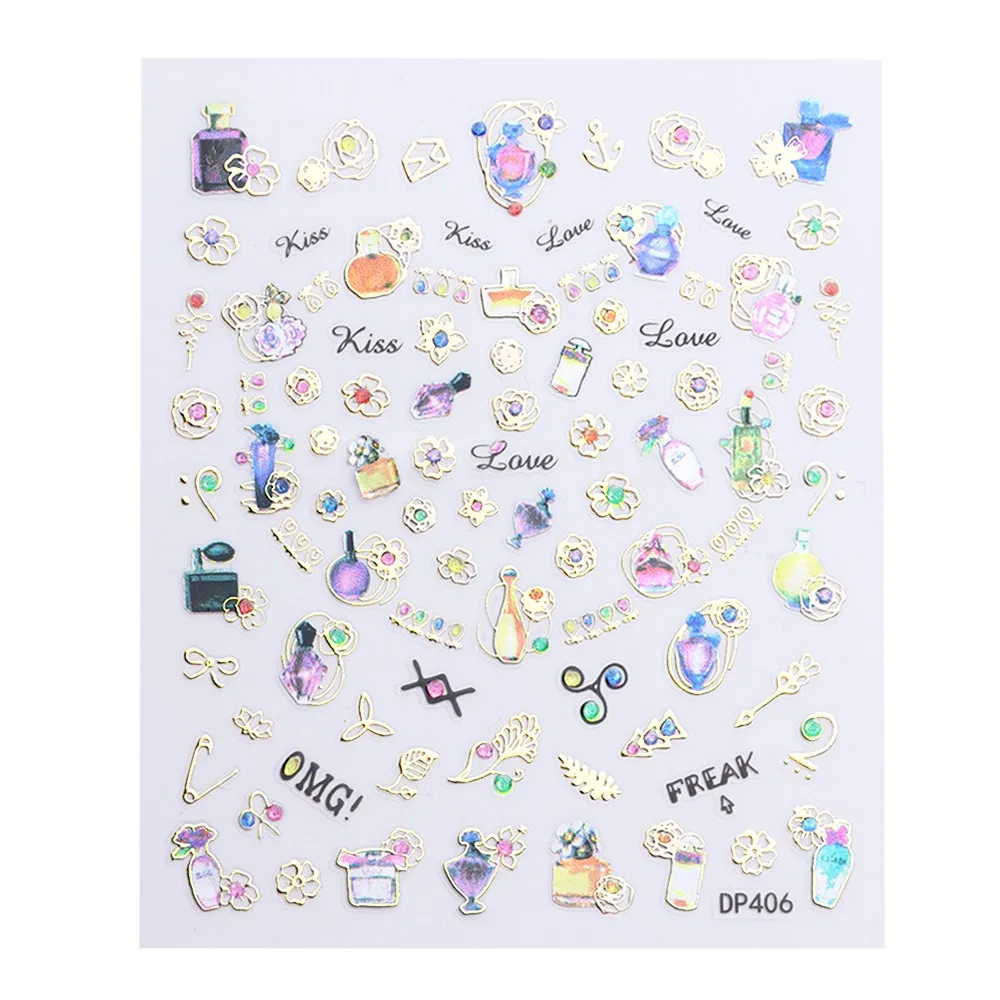DP406 1 шт. стикеры 3D на ногти Nail Art клейкие обертывания Блестящий Золотой Цветок Драгоценный Камень Луна слайдер переводная Наклейка украшения маникюрные советы LADP401-412 - Цвет: DP406
