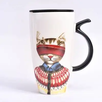 Red cat Крутая керамическая кофейная кружка с крышкой, большая емкость 600 мл, кружки с животными, креативная посуда для напитков, чашки для кофе, чая, новые подарки, чашка для молока - Цвет: Red cat
