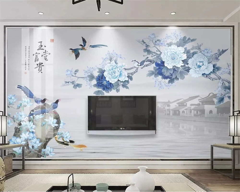 Пользовательские модные шелковистые 3d обои в китайском стиле перо пион богатая