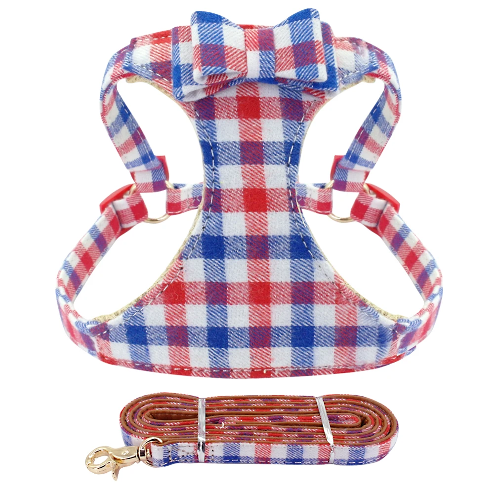 Blue Plaid Поводок и поводок для маленьких собак, клетчатый жилет для щенков, Воздухопроницаемый поводок с бантом для питомцев, поводок для питбуля, Бостонского терьера, поводок для собак - Цвет: Blue Plaid