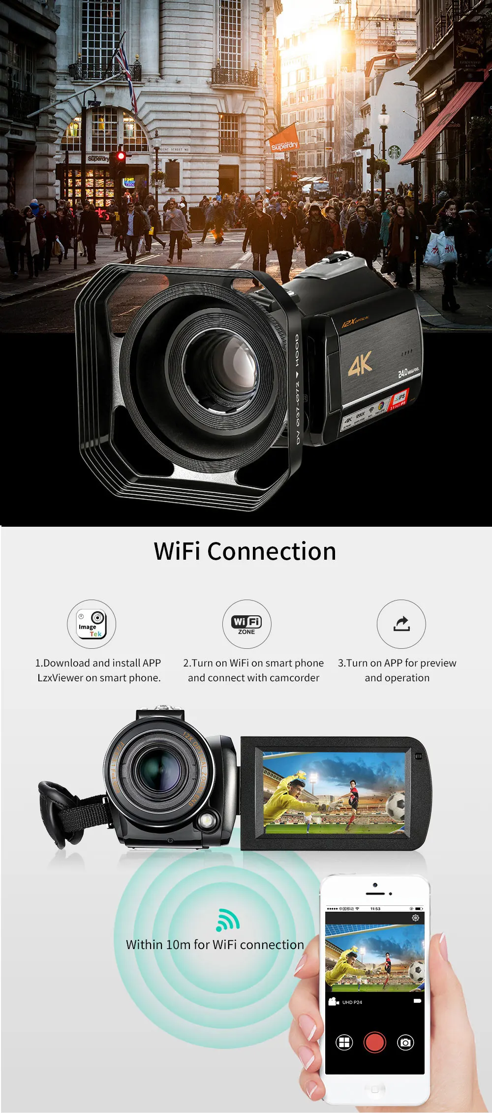 4 k wifi цифровая видеокамера с 3,0 ''сенсорным дисплеем/12 x оптическим зумом Профессиональная домашняя Цифровая видеокамера