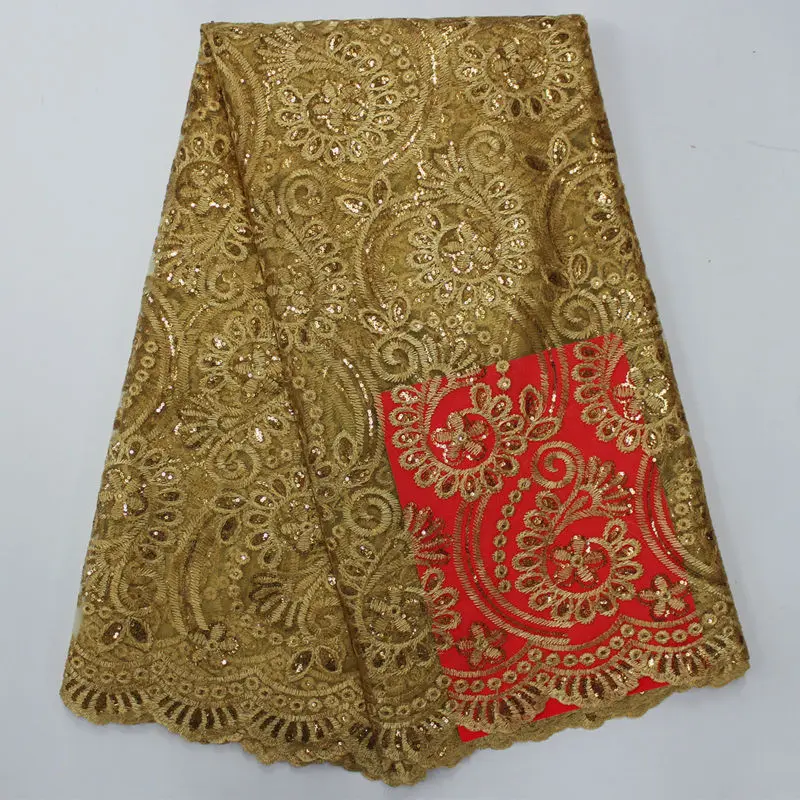 

High Quality African French Lace Fabrics Gold Net Embroidery Sequins Tulle Lace Fabric For Nigerian Wedding Party Dress