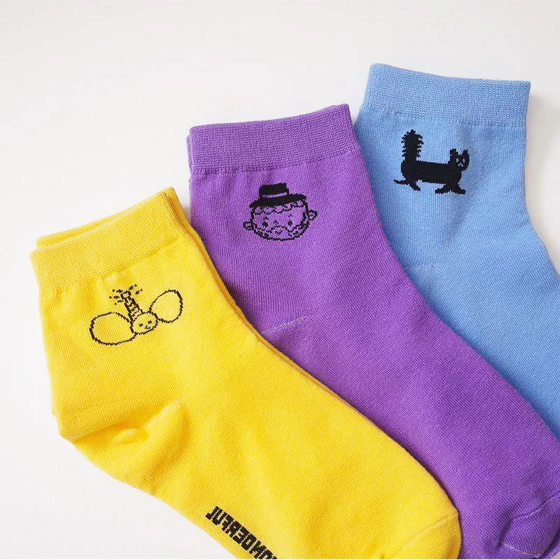 Summer New Design Women Short Socks Cartoon Yellow Green Purple Blue Sock Cotton 5 Pairs A Lot