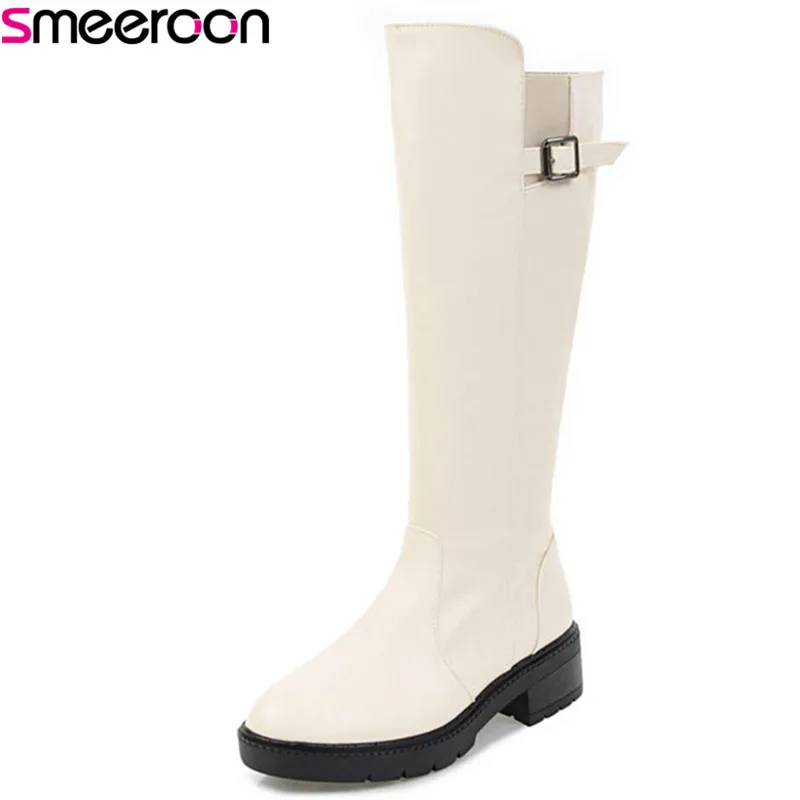 

Smeeroon модная обувь на среднем каблуке сапоги до колена высокие сапоги для женщин, с круглым носком и застежкой-молнией + женские ботинки с пря...