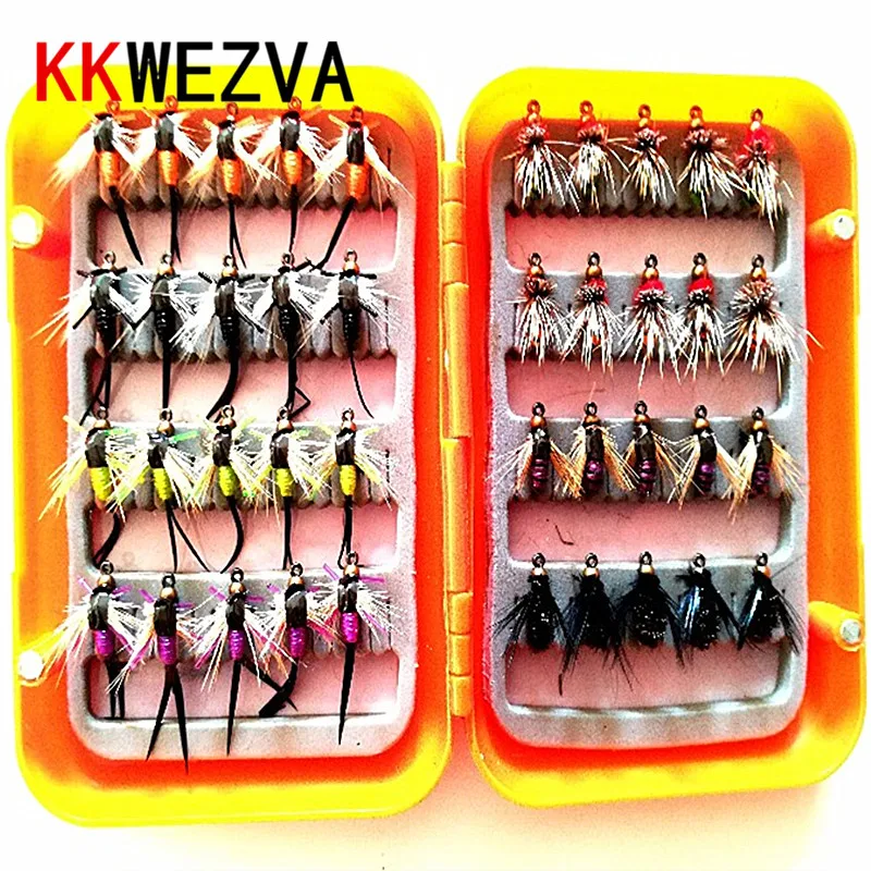 

KKWEZVA 40pcs fly Fishing Lure with box Insects different Style Salmon Flies Trout Single Dry Fly Fishing Lures Fishing Tackle