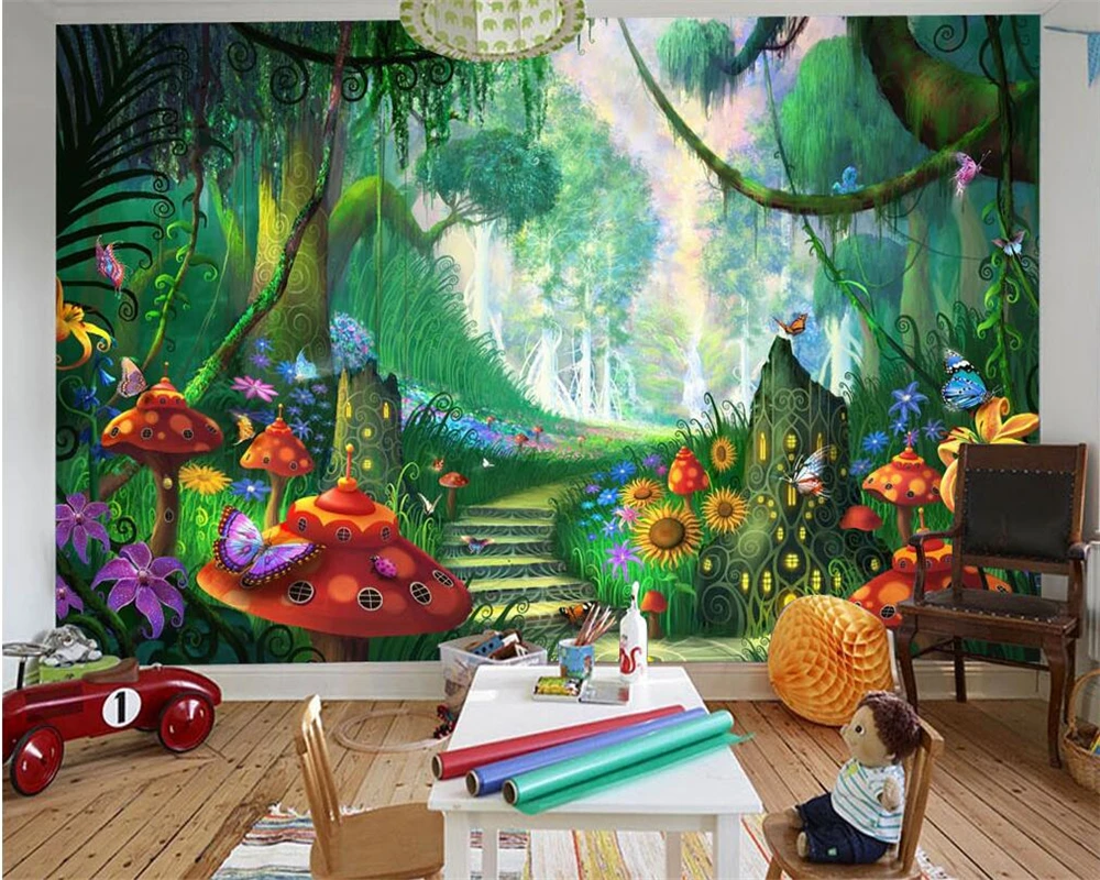 3D обои Beibehang модные современные Мультяшные слова мечты лес деревья трава грибы