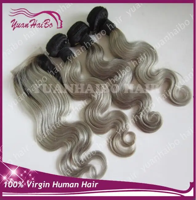 Best Quality 8A 4pcs/lot 1b# grey omber virgin Brazilian hair Body wave with lace closure free shipping |