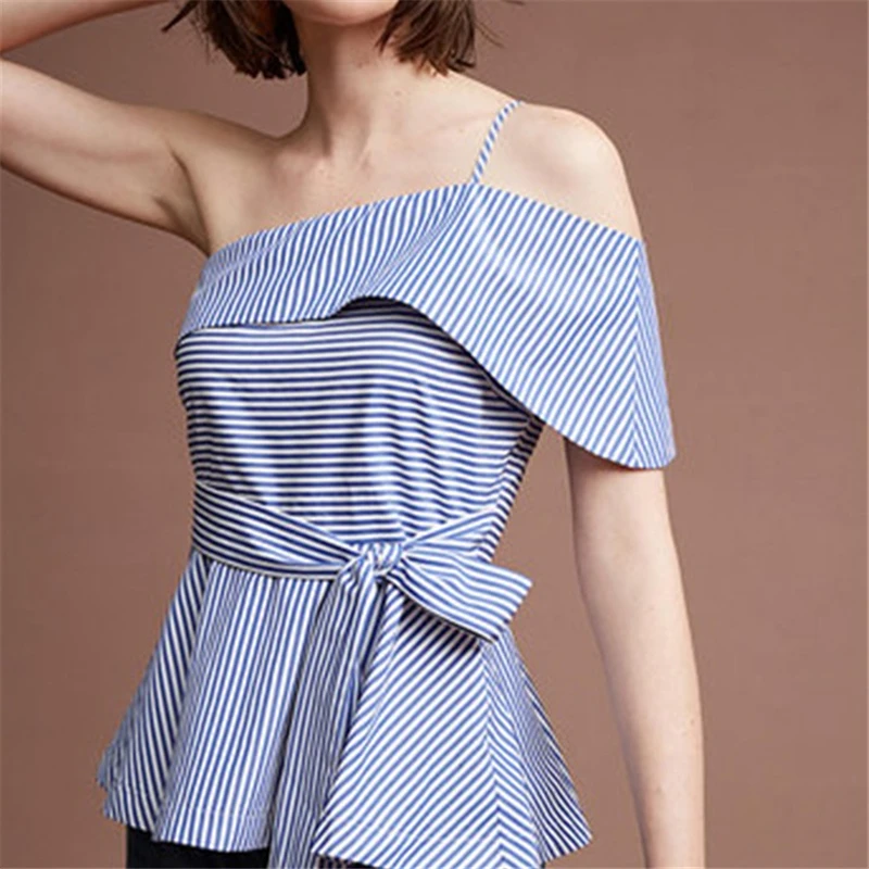 Слово воротник ремни синий и белый в полоску Блузы с открытыми плечами Леди Топ