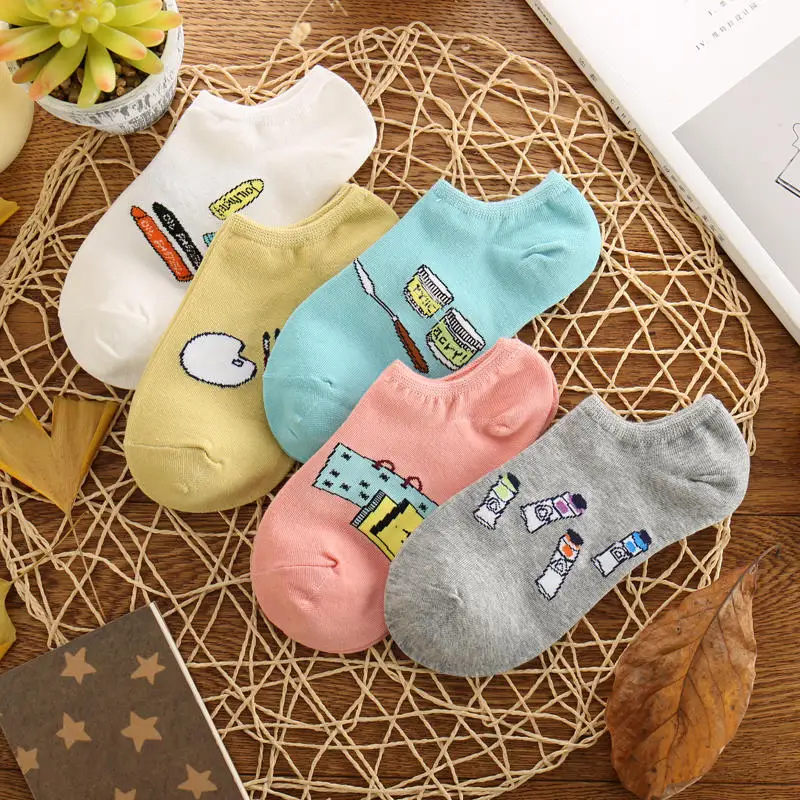Женская летняя стильная футболка с изображением персонажей видеоигр кошка узор ботильоны Носки женской моды Невидимый коттоновые носки женские носки-башмачки 10 шт. = 5 пар/лот - Цвет: s2508