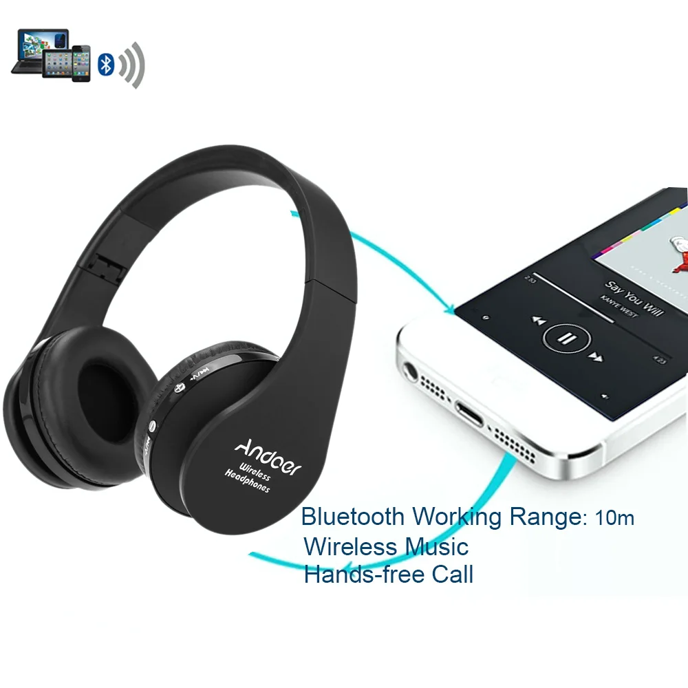 Andoer bluetooth-гарнитура складные наушники регулируемые наушники С микрофоном Беспроводной наушники для мобильного телефона/планшета с Mp3