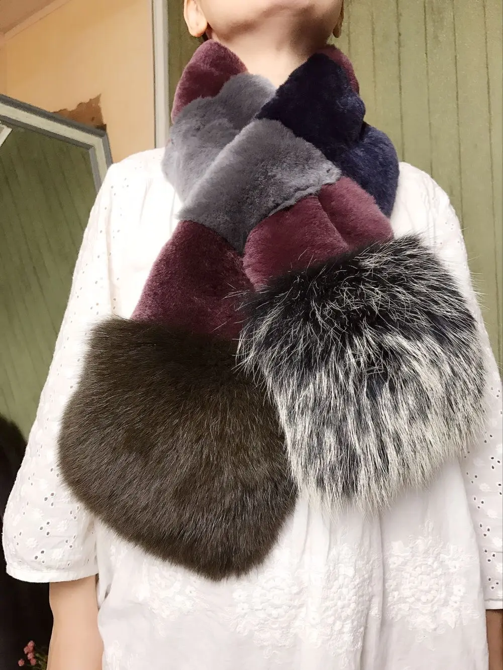 Новое прибытие Настоящее Рекс кролик кожа меха лисы лоскутное многоцветный шарф