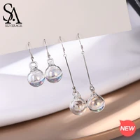 sa silverage 925 sterling silver white glass ball drop earrings for woman shortlong two types 925 silver earrings water bubble