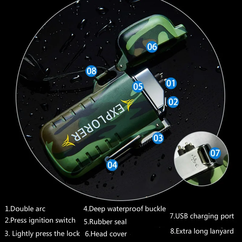Водонепроницаемая USB плазменная Зажигалка двойная дуга для отдыха на открытом
