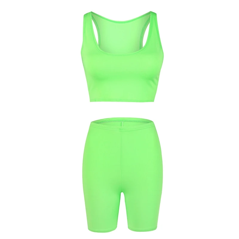 Green Sexy Two Piece Set Summer Outfits Matching Short Sets Clothes Women Tank Crop Top Elastic Waist Biker Shorts Tracksuit Женская