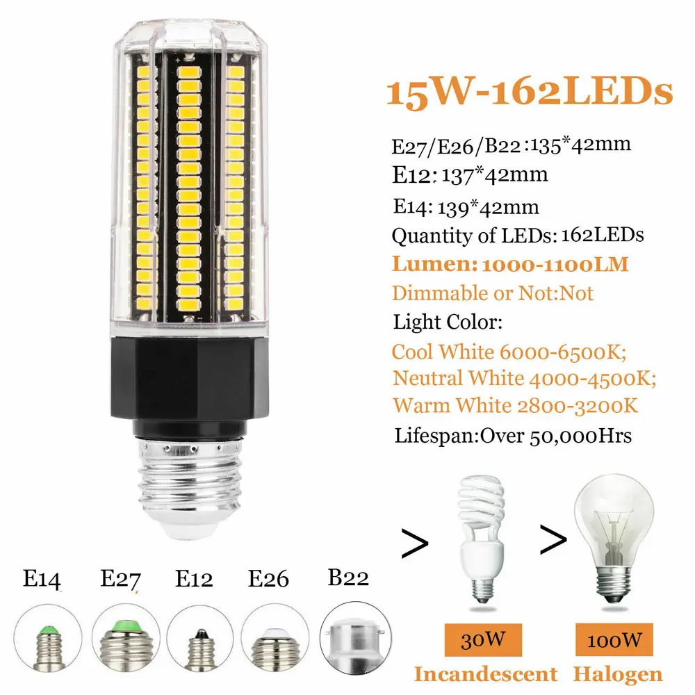 15W 162LED Светодиодный лампочки «Кукуруза» 22-162 светодиодный s E27 E14 B22 штык 5730 SMD 9 Вт 12 Вт 13 Вт 15 Вт домашняя декорационная Лампа AC 110 V 220 V AC 85-265 V - Испускаемый цвет: 15W 162LED