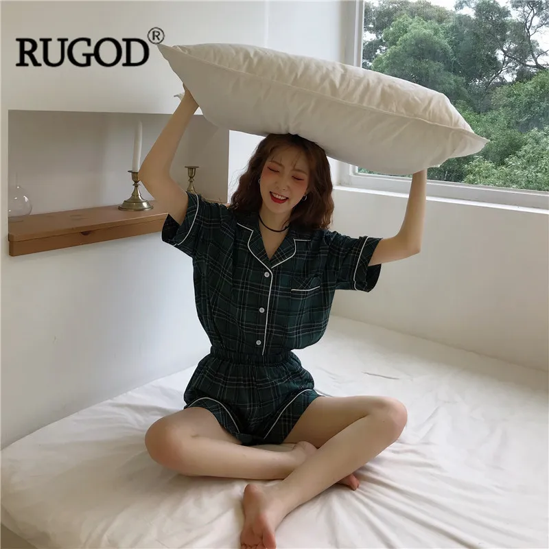 RUGOD Новая Винтажная клетчатая пижама, женская модная рубашка с коротким рукавом+ шорты, комплект из двух предметов, одежда для сна, Повседневная пижама