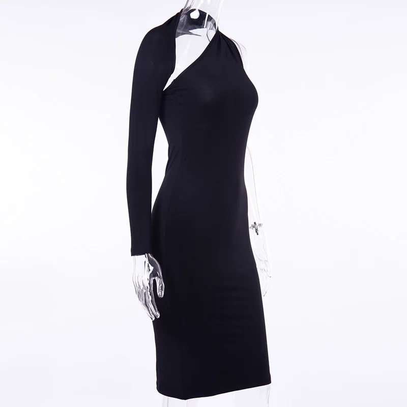 black set InstaHot Платье До Колена на одно плечо, женское осеннее черное платье с глубоким вырезом на одно плечо, элегантные женские сексуальные Клубные обтягивающие платья - Цвет: black set