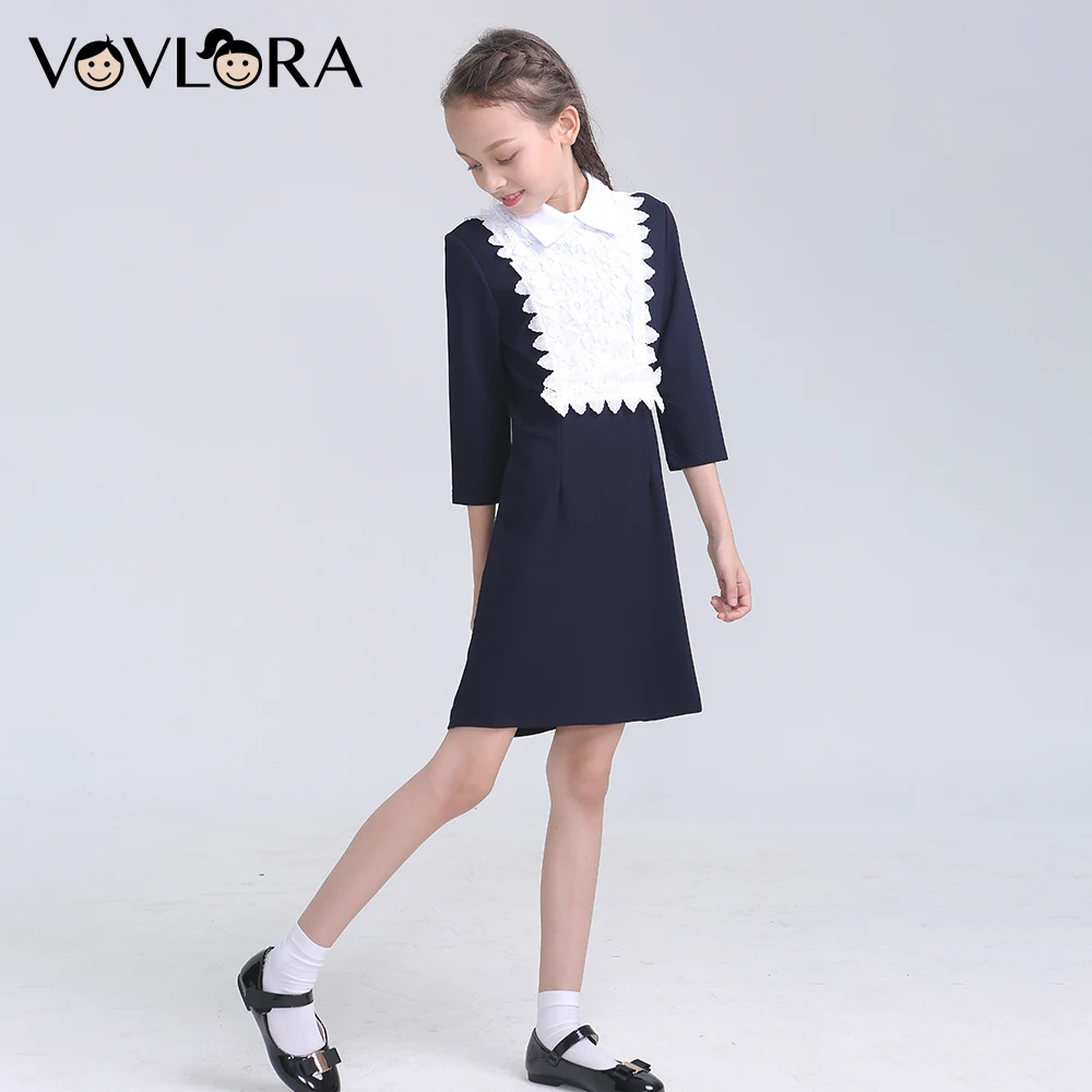 Long Sleeve Detachable Collar School Dress For Girl Lace Kids Dresses Autumn 2018 Uniforms Size 9 10 11 12 13 14 Years | Детская одежда