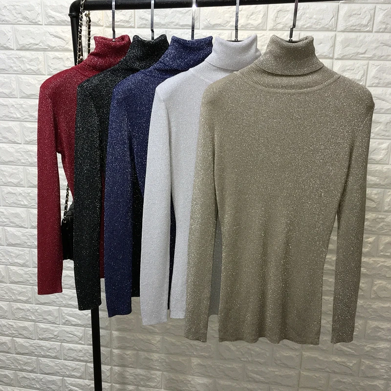 Shiny Lurex Autumn Winter Sweater Women Long Sleeve Pullover Basic Turtleneck Sweaters Tops Femme Knitted Korean Style | Женская одежда