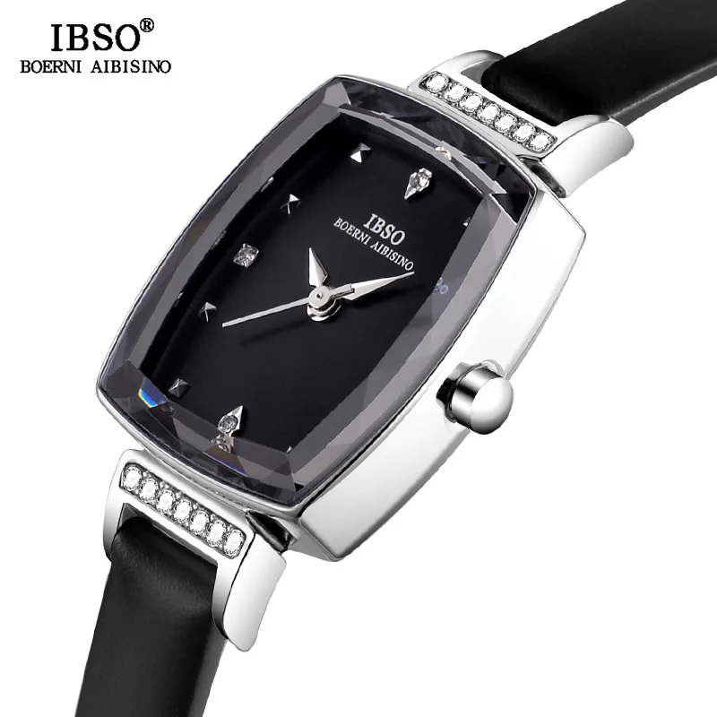 

IBSO Brand Fashion Women's Crystal Quartz Watch Cut Glass Rectangle Design Watch For Women Genuine Leather Wrist Watches