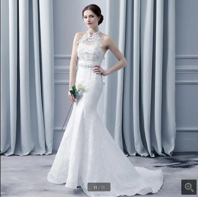 2017 Новый дизайн Русалка белое кружево Холтер декольте свадебное платье