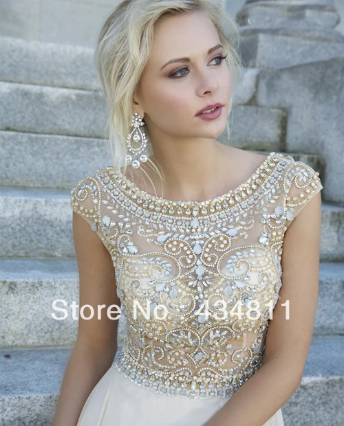 2014 New Scoop Neckline Cap Sleeve Beaded/Crystal See-Through A-Line Tulle Prom Dresses Floor Length Zipper Back Free Shipping | Свадьбы и