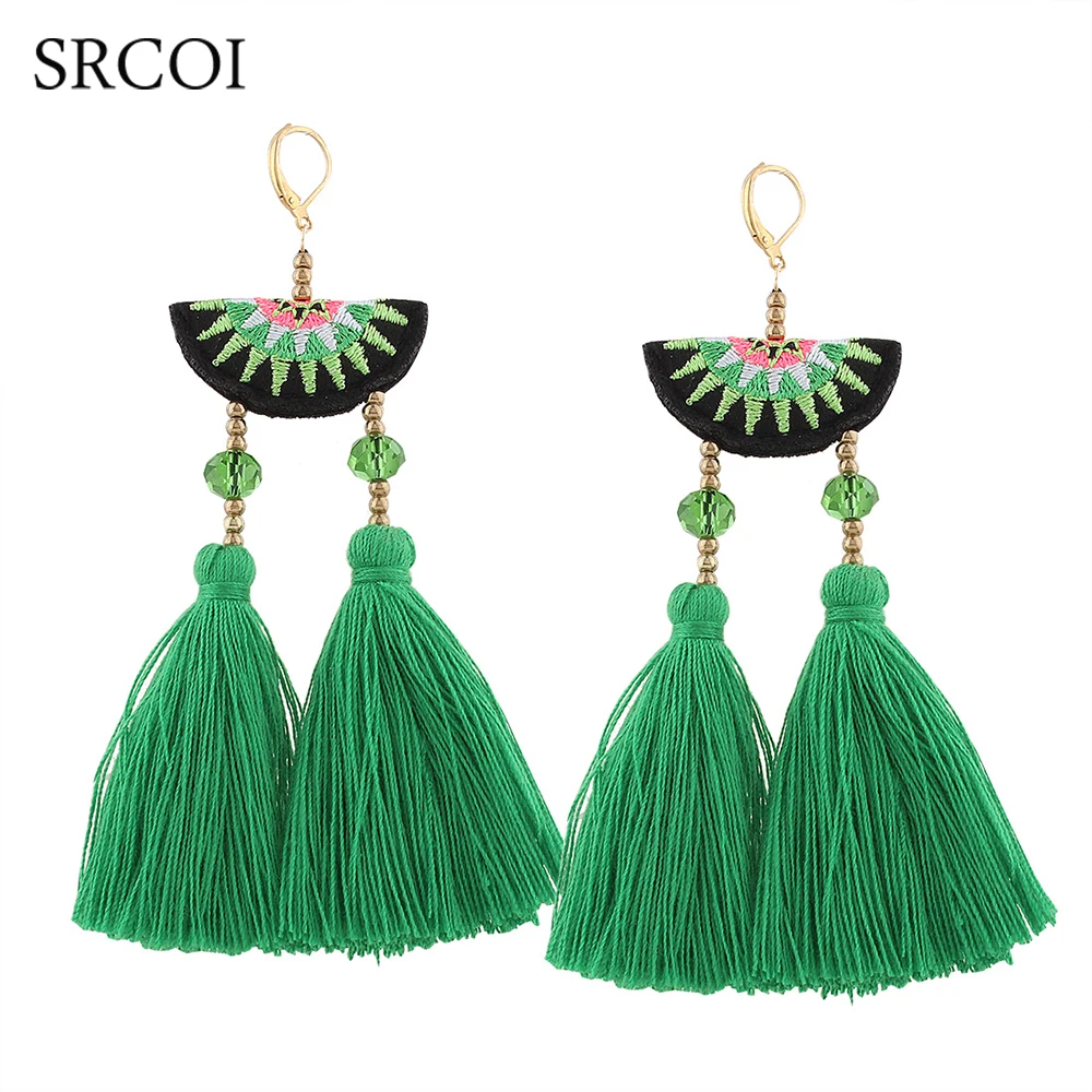 SRCOI богемные вышитые хлопковые длинные бусы с кисточкой серьги большого веера