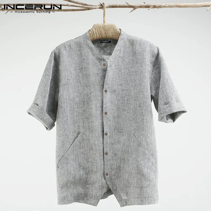 Gray Shirt INCERUN, мужская повседневная рубашка, v-образный вырез, карманы, Ретро стиль, половина рукава, пуговицы, дышащий, китайский стиль, кунг-фу, рубашки для мужчин, Camisa S-5XL - Цвет: Gray Shirt