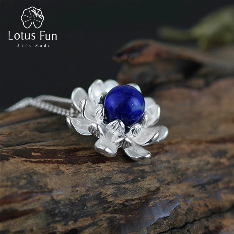 Lotus весело Настоящее стерлингового серебра 925 Природных Ляпис ручной работы Fine