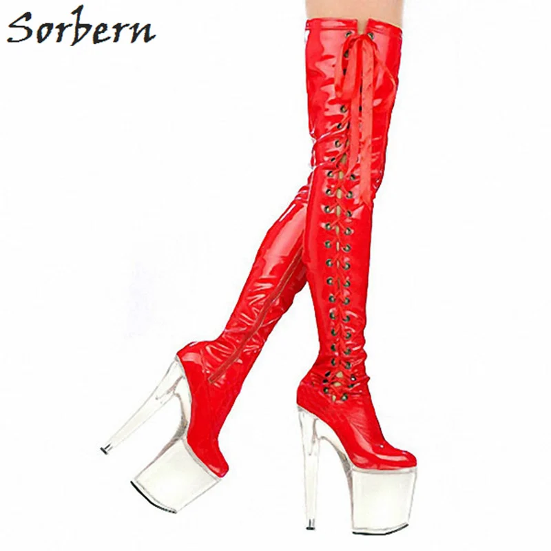 

Sorbern Red Shiny Long Boots Women Lace-Up Side Clear High Heels 20Cm/10Cm Heeled Boots Customized Pink Boots For Women