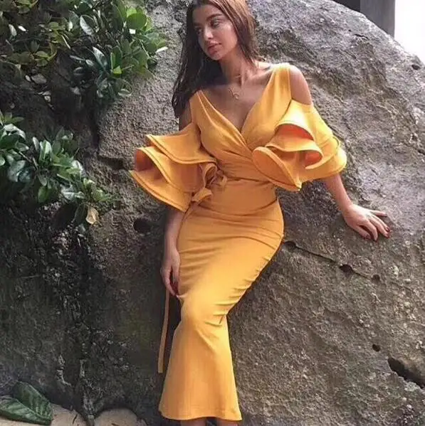 

New Fashion Sexy Bandage Dress Rayon Evening Party Dress Women Bodycon Sets One-shoulder Ruffles Decorations Knee Length Dress
