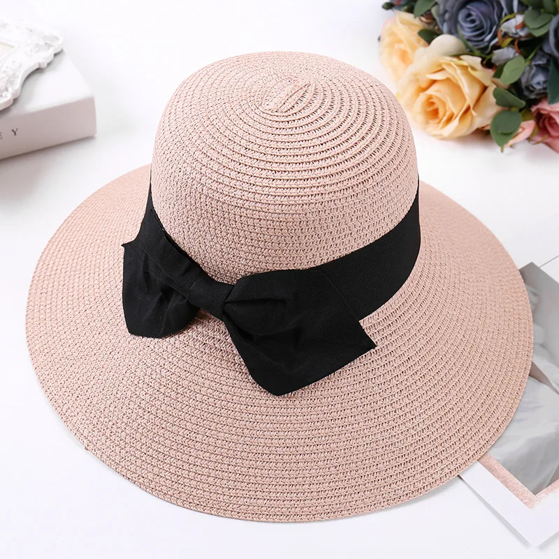 

Korean Bowknot Sunhat Basin Hat Foldable Sun Protection Beach Cap Wide Brim Floppy Straw Caps Women Summer Outdoor Sun Hats H021