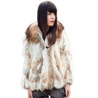 genuine rabbit fur coat with big hat natural rabbit fur jacket women short rabbit fur coat with raccoon free shipping