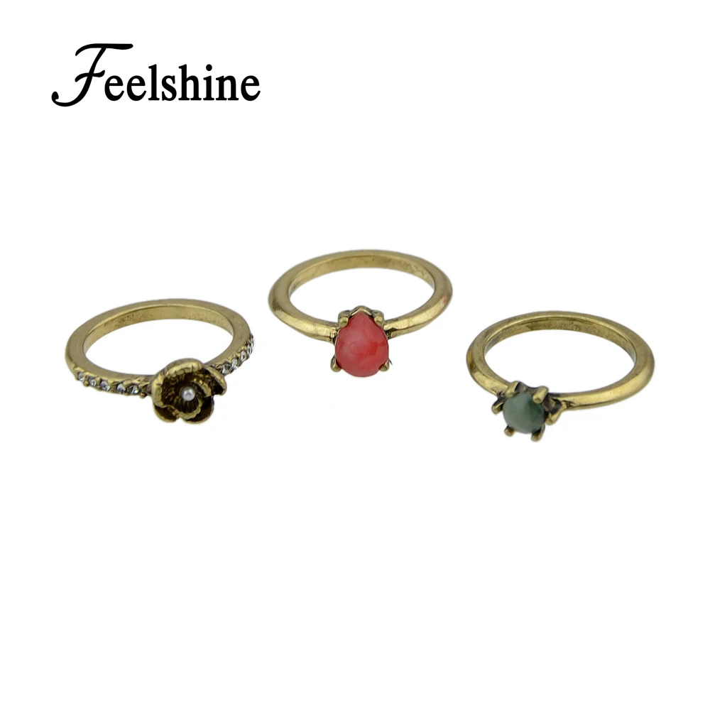 Feelshine 3 шт./компл. Винтаж Boho Кольца Античное золото Цвет с пальцами наборы Цветок