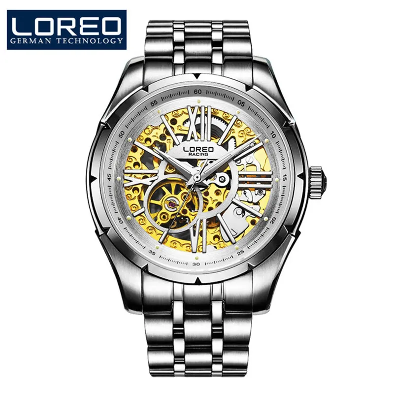 Relogio Masculino LOREO Роскошные Брендовые Часы для мужчин повседневные спортивные автоматические водонепроницаемые механические наручные часы Мужские часы Reloj - Цвет: Silver