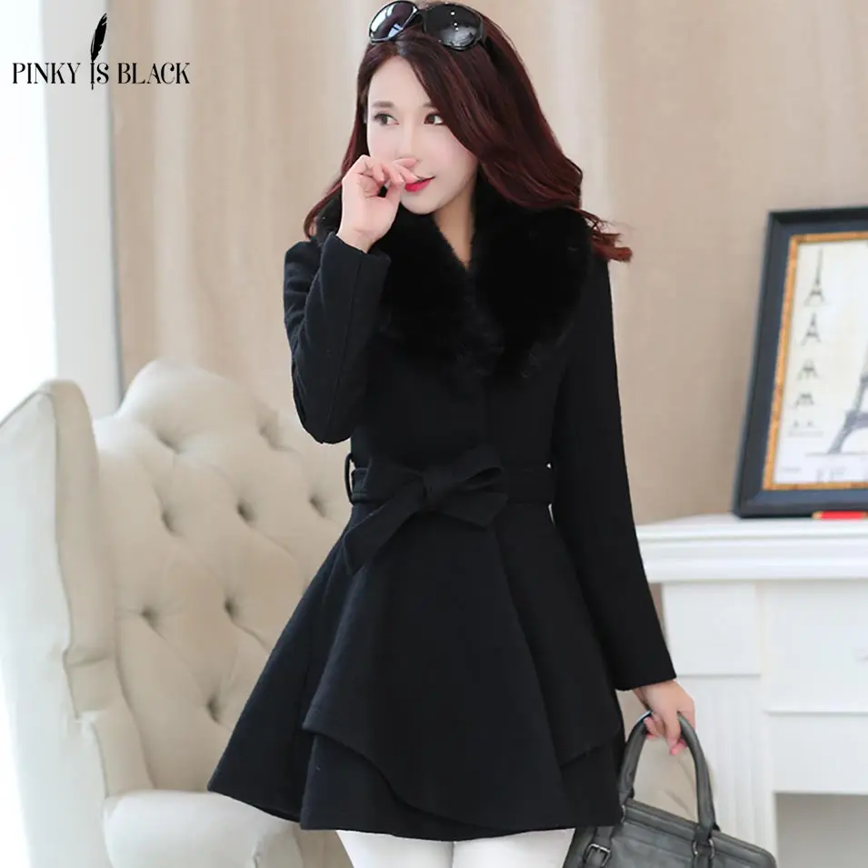 Pinky Is Black Winter Women Woolen Coat Outerwear Large Fur Collar Ruffles Female Casual Jacket Long Sweet Preppy Trench Coat