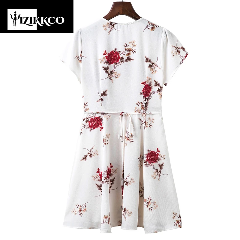 Boho Style Mini Dress Women Deep V Sexy Beach Summer Dresses Floral Print Vintage Chiffon White Dropped vestidos SZQ300 | Женская одежда