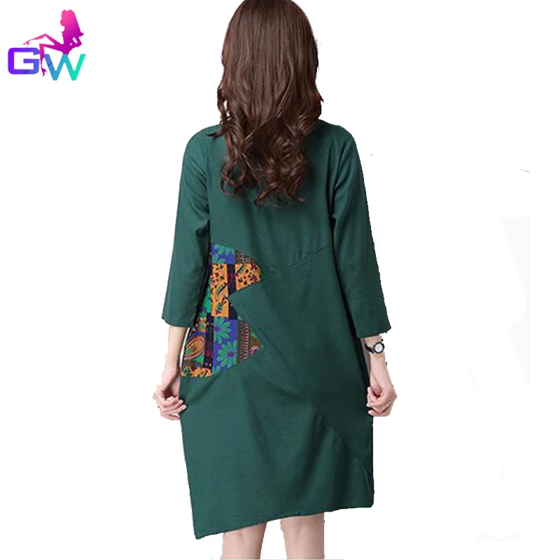 Женщины Хлопок Белье Платье 2016 Весна Осень Старинные Лоскутное Платья Три