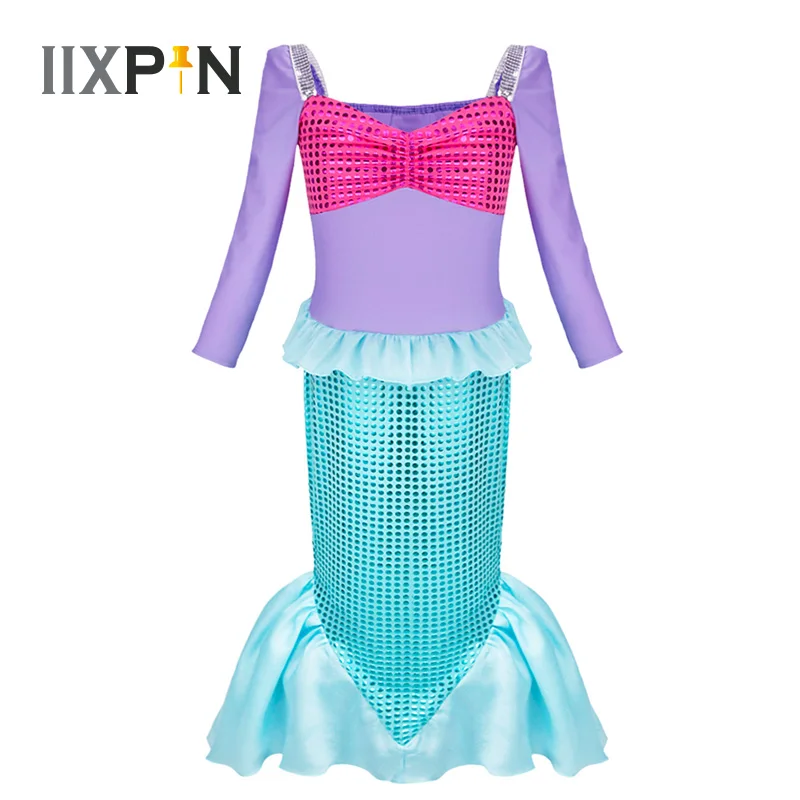 Купи IIXPIN Girls Mermaid Dress Long Sleeve Shiny Dress Party Holiday Mermaid Cosplay Costume Girls birthday photo Mermaid Costume за 2,121 рублей в магазине AliExpress