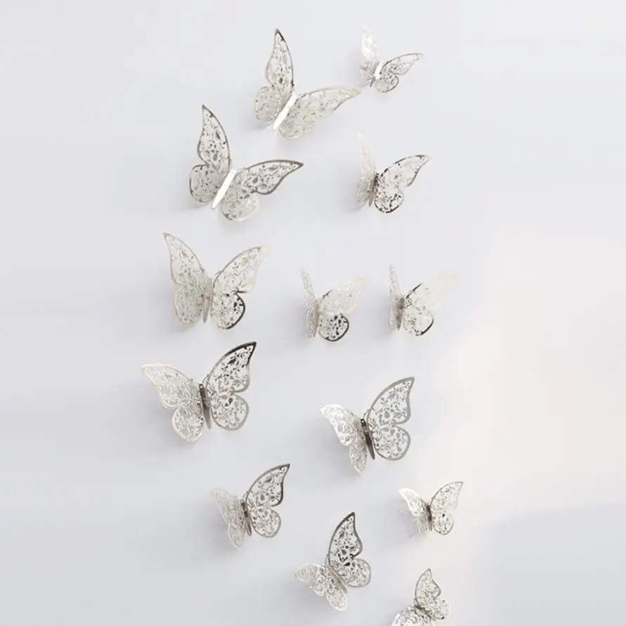 Silver 12 шт. 3D полые наклейки на стену бабочка на холодильник для дома кухня детские комнаты украшения новые аксессуары adesivo де parede# TX - Цвет: Silver