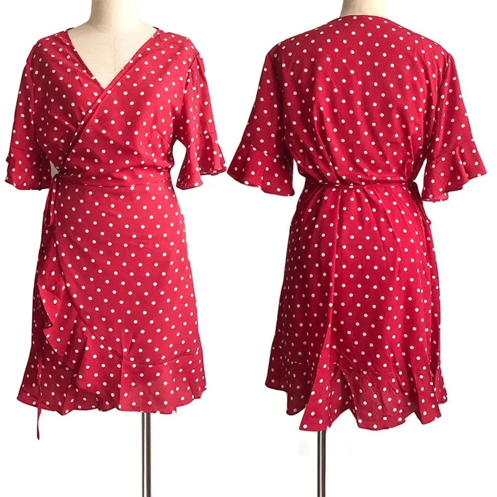 Женское винтажное платье в горошек Robe Ete повседневное мини с коротким рукавом и v образным вырезом