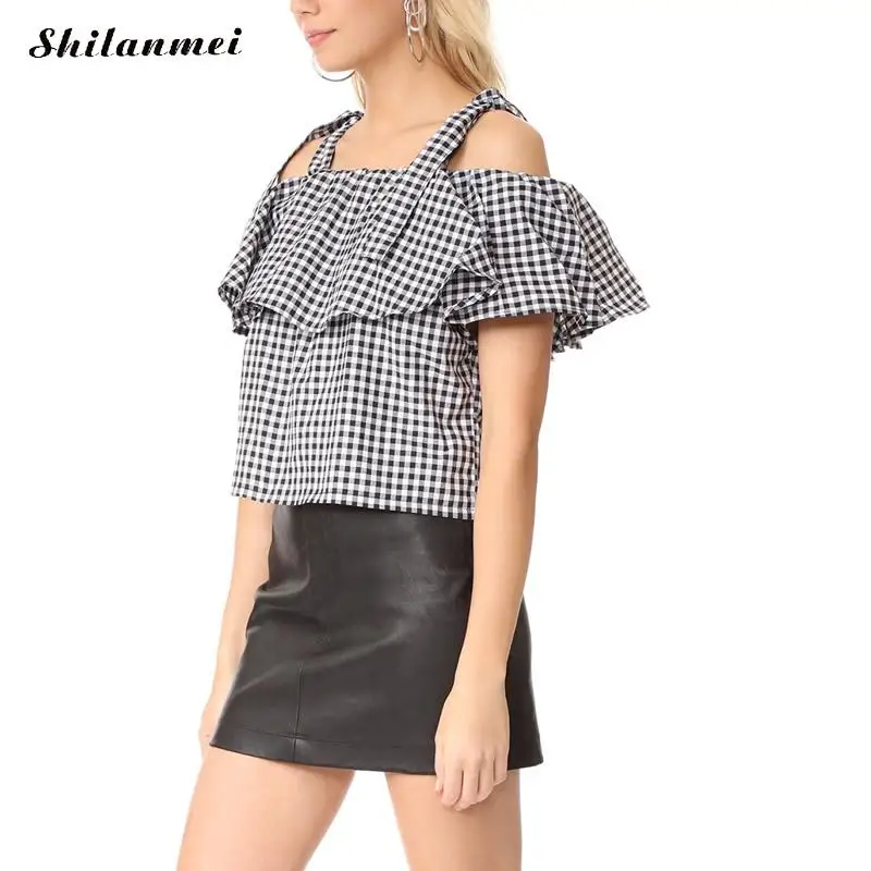 Хлопок Для женщин летние шорты рукавом черный белый Блузки для малышек пикантные