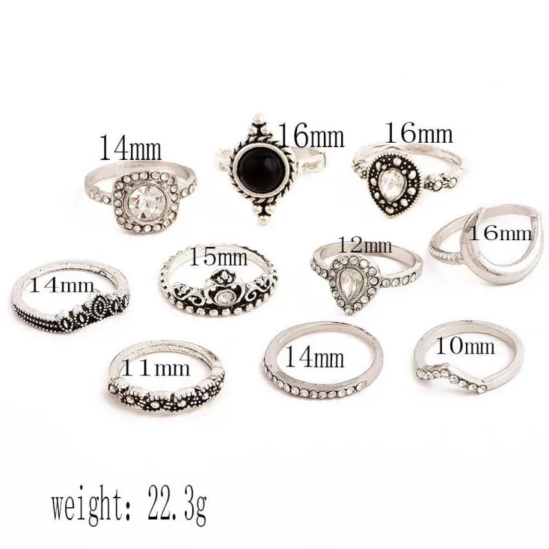10pcs/set Vintage Antique Ring Set For Women Finger Heart Crystal Of Midi Boho Jewelry Gift Knuckle Rings | Украшения и