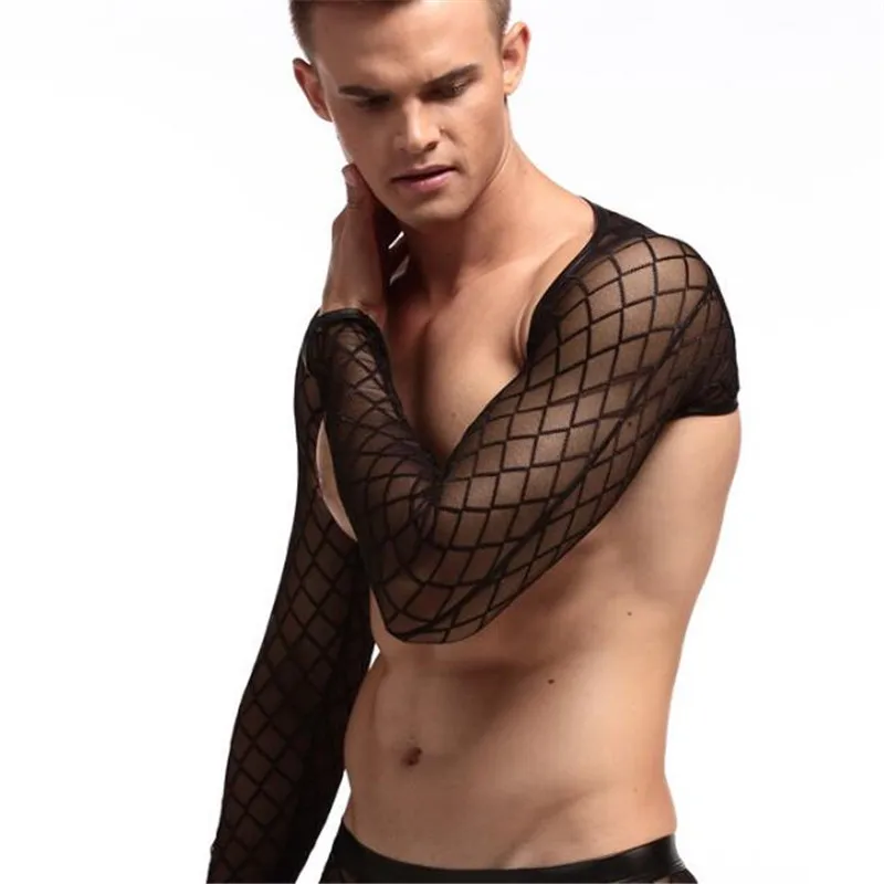 Мужская сексуальная рубашка с длинным рукавом дышащая сетчатая футболка