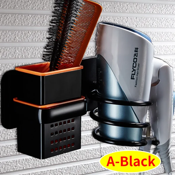 A-Black Держатель для фена для ванной комнаты, настенная стойка, экономит пространство, алюминиевая многофункциональная полка для туалета, расческа для хранения волос, сушилка для волос, золотая - Цвет: A-Black